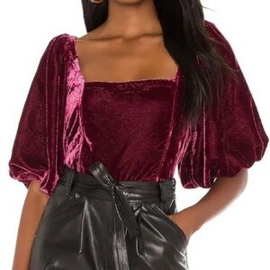 Free People Marie Velvet Puff Sleeve Blouse in Deep Red